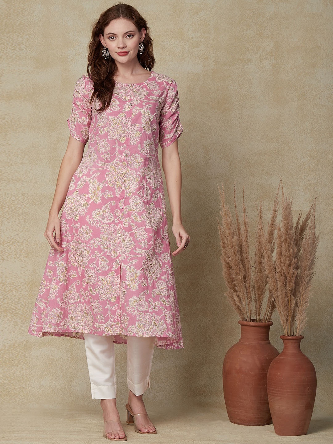 

FASHOR Floral Printed A-Line Kurta, Pink