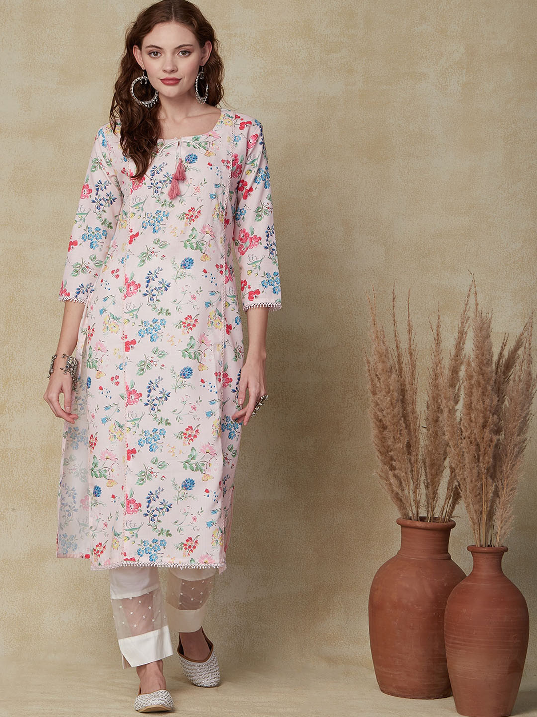 

FASHOR Cream-Coloured & Blue Floral Printed Sequined Straight Kurta