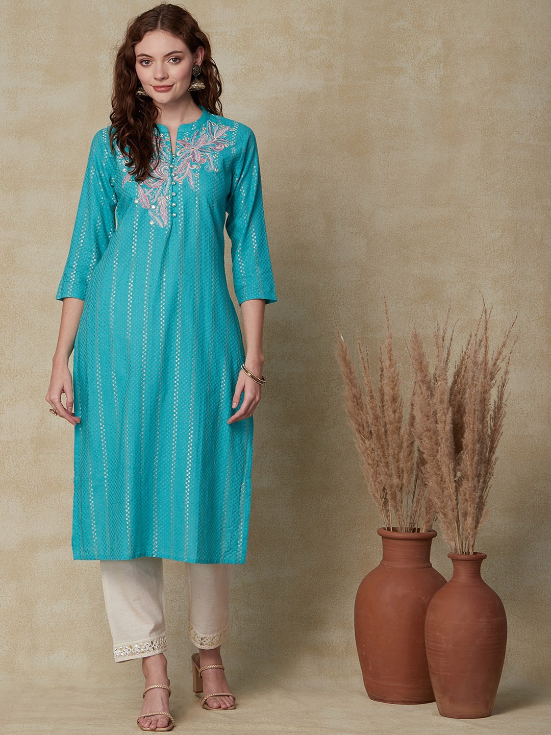 

FASHOR Turquoise Blue Woven Design Thread Work Straight Kurta
