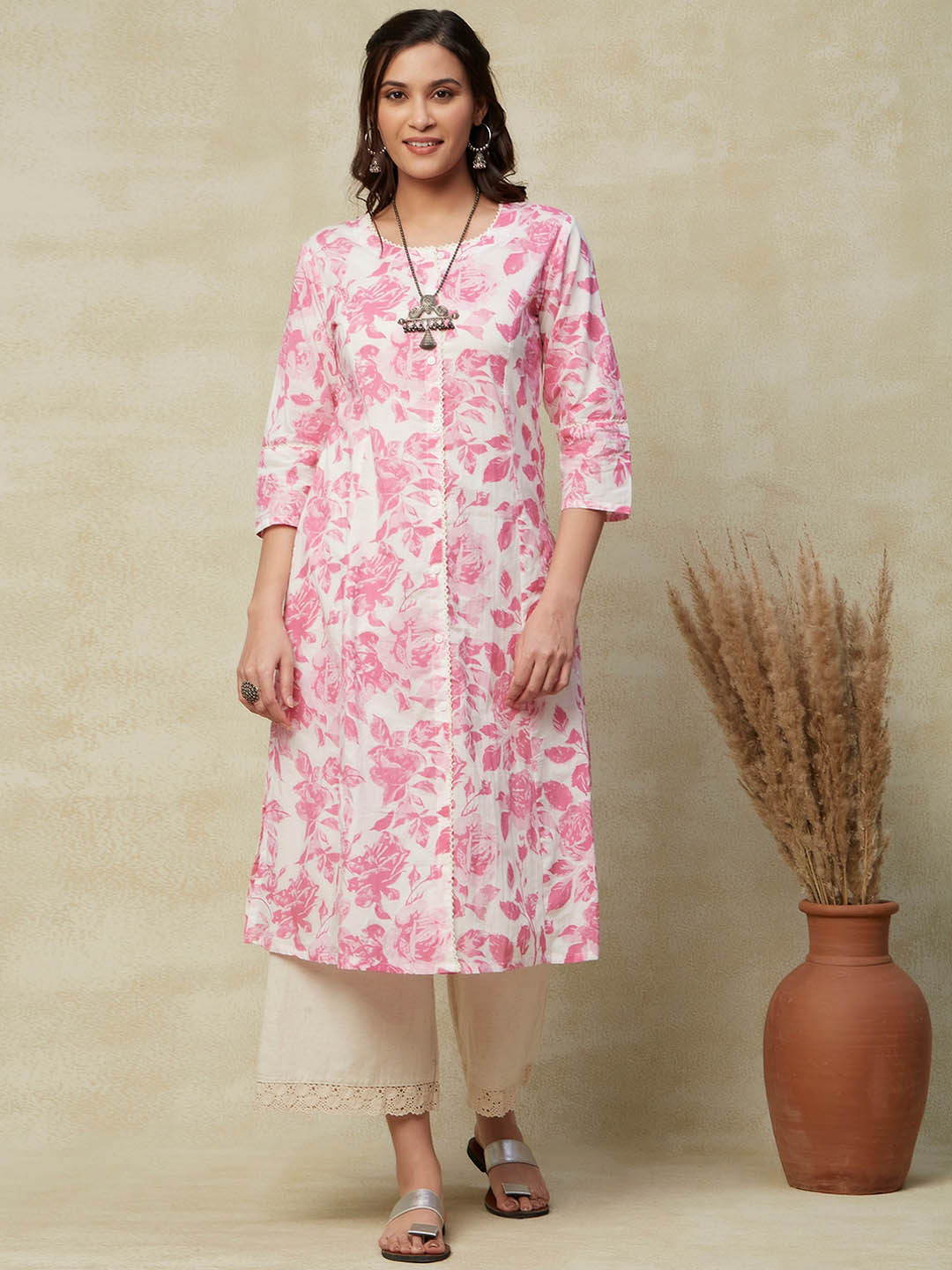 

FASHOR Floral Printed Pure Cotton A-Line Kurta, Pink