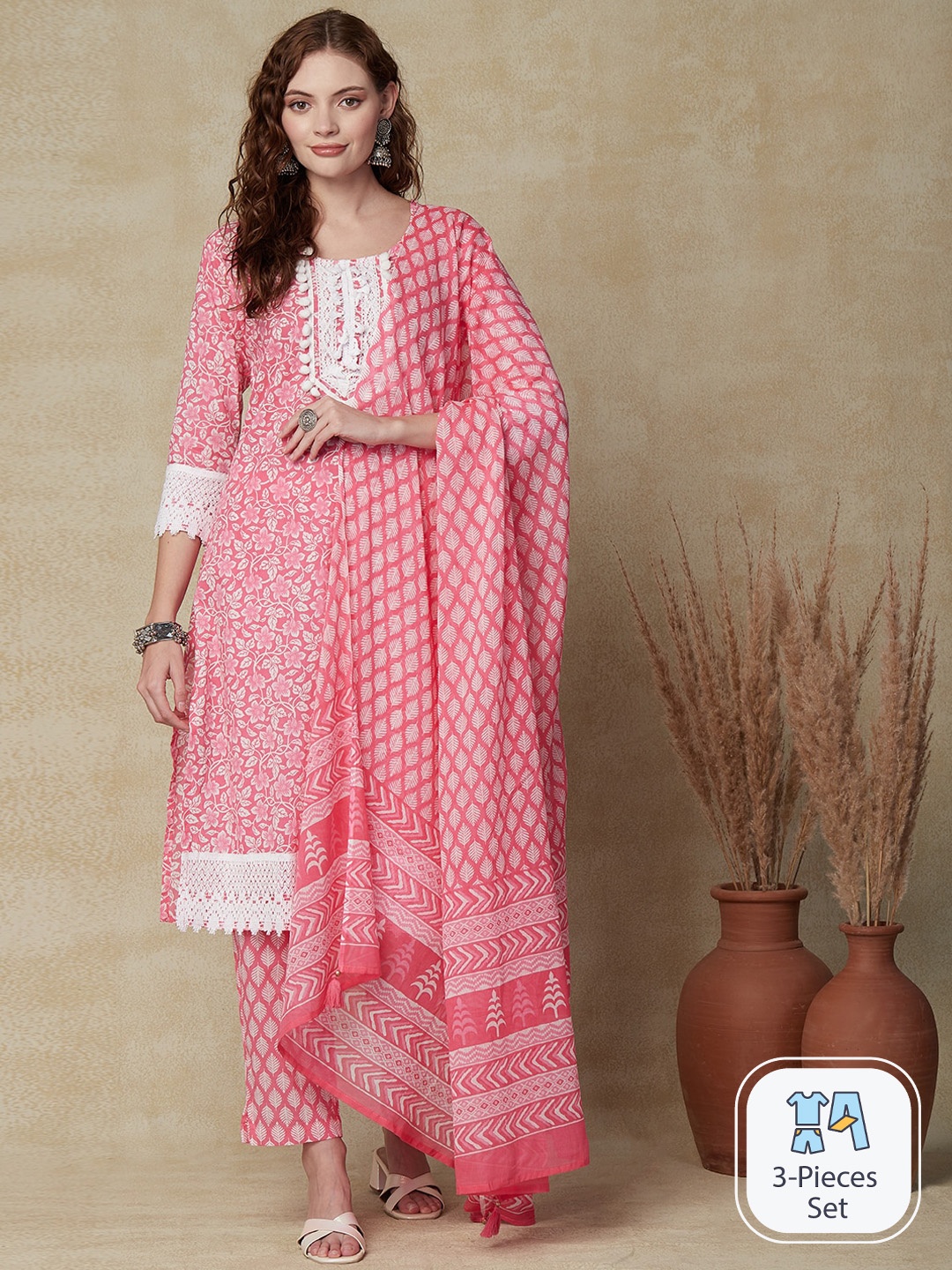 

FASHOR Floral Printed Scalloped Hemline Pure Cotton Kurta with Trousers & With Dupatta, Pink