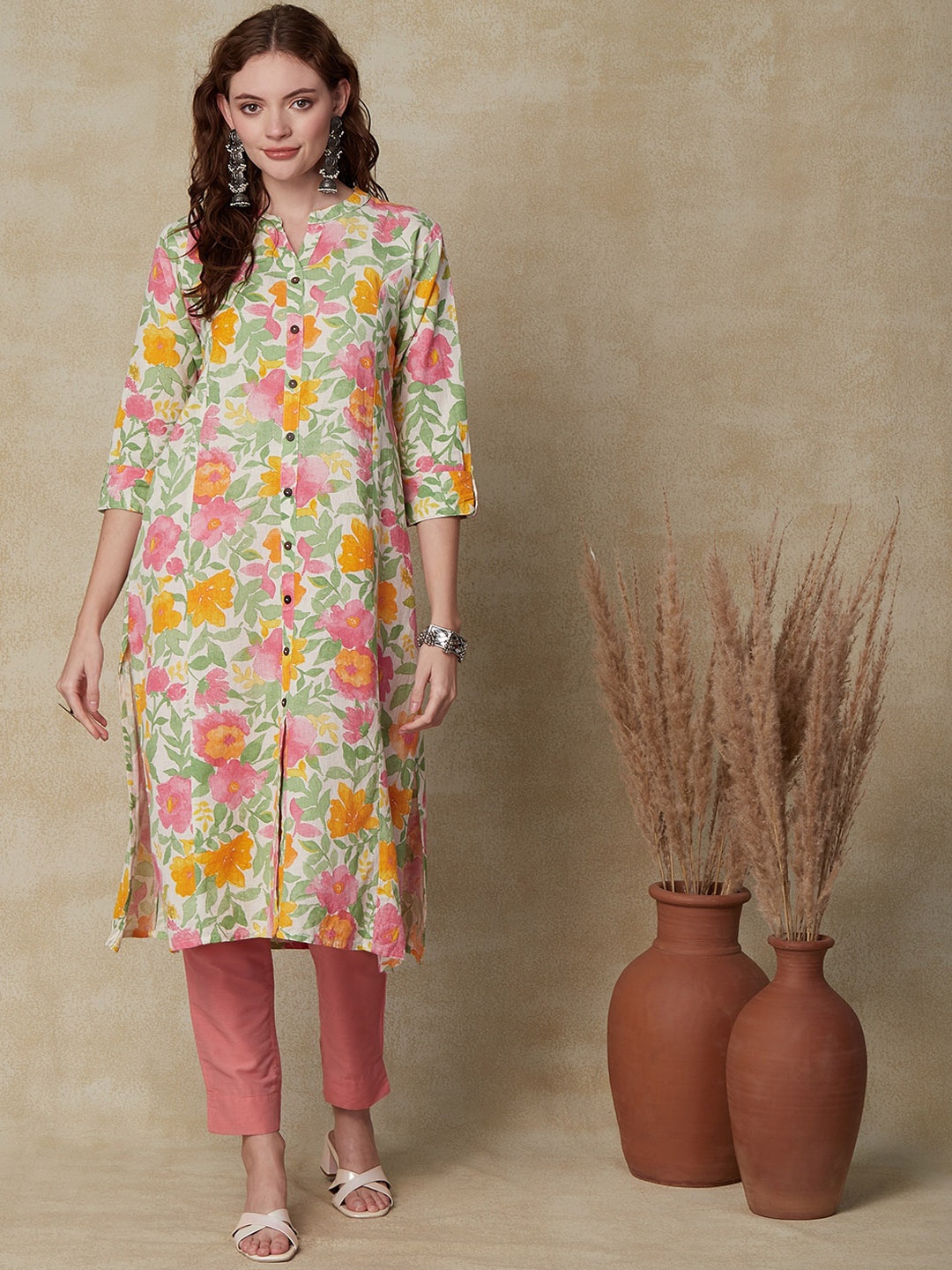 

FASHOR Floral Printed Mandarin Collar A-Line Kurta, Yellow