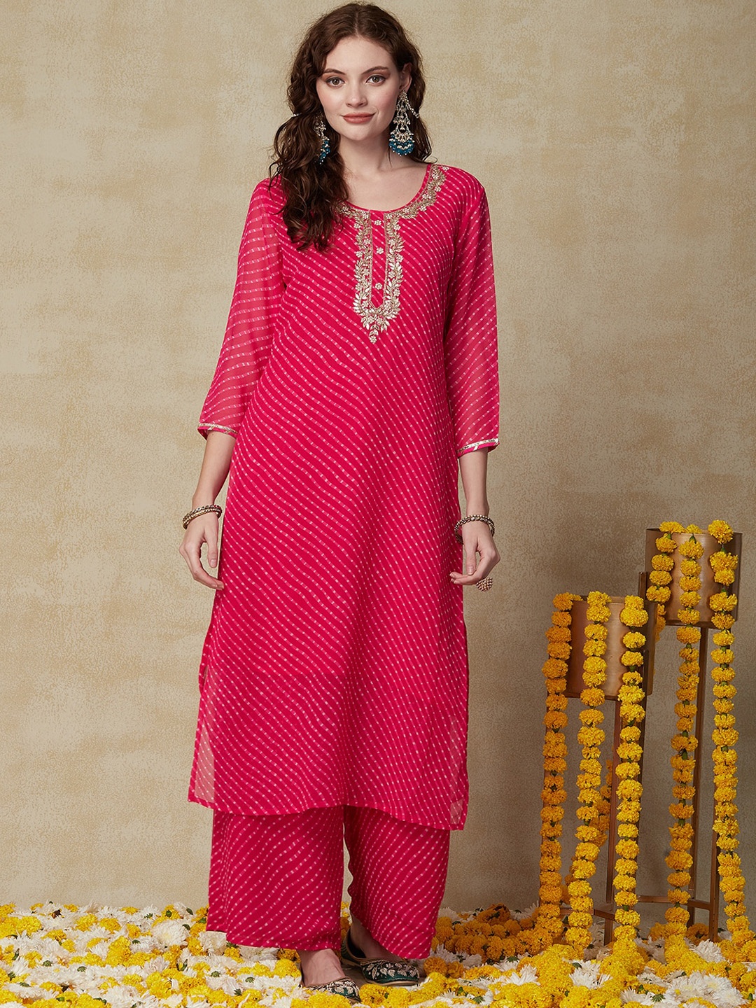 

FASHOR Striped Regular Gotta Patti Kurta with Palazzos, Pink