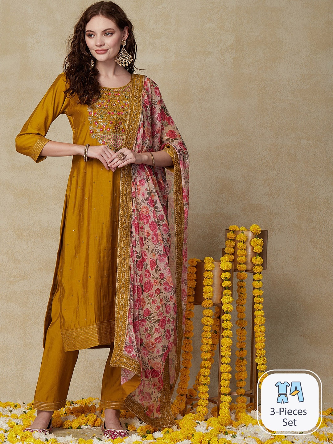 

FASHOR Thread Work Regular Kurta with Trousers & With Dupatta, Mustard