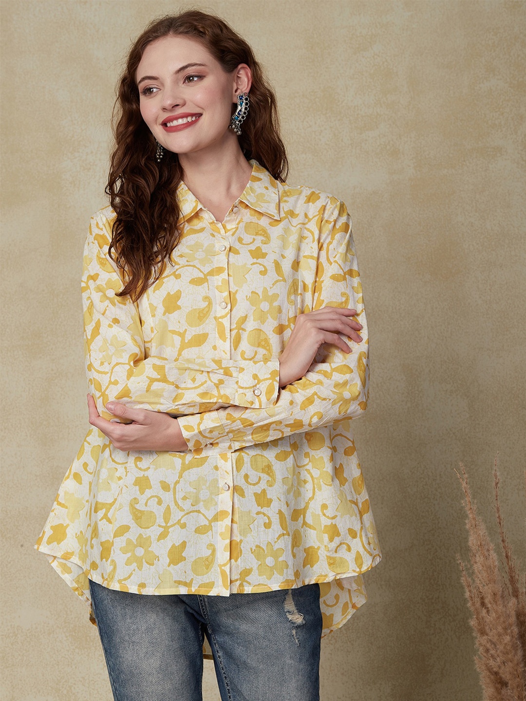 

FASHOR Floral Printed Spread Collar Regular Fit Cotton Casual Shirt, Yellow