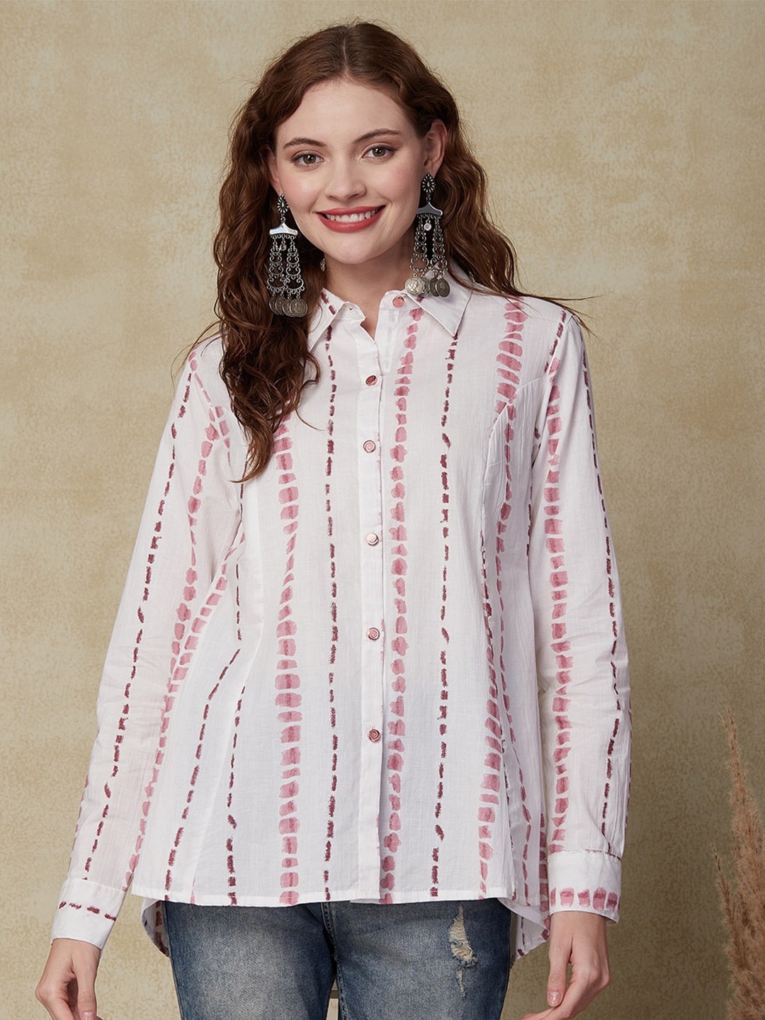 

FASHOR Vertical Stripes Printed Spread Collar Cotton Shirt, Off white