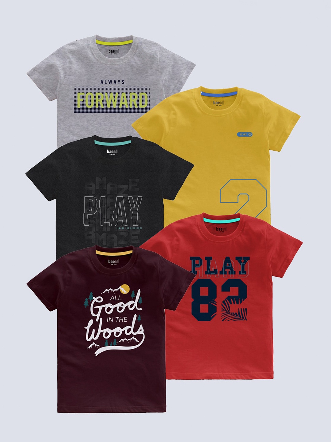 

BAESD Boys Pack of 5 Typography Printed T-shirts, Grey