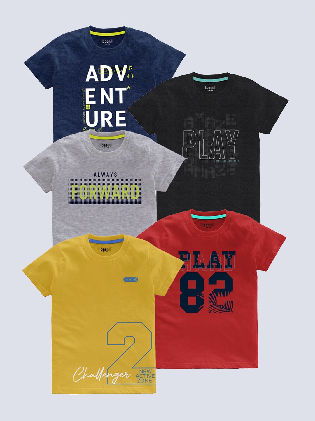 

BAESD Boys Pack of 5 Typography Printed T-shirts, Grey