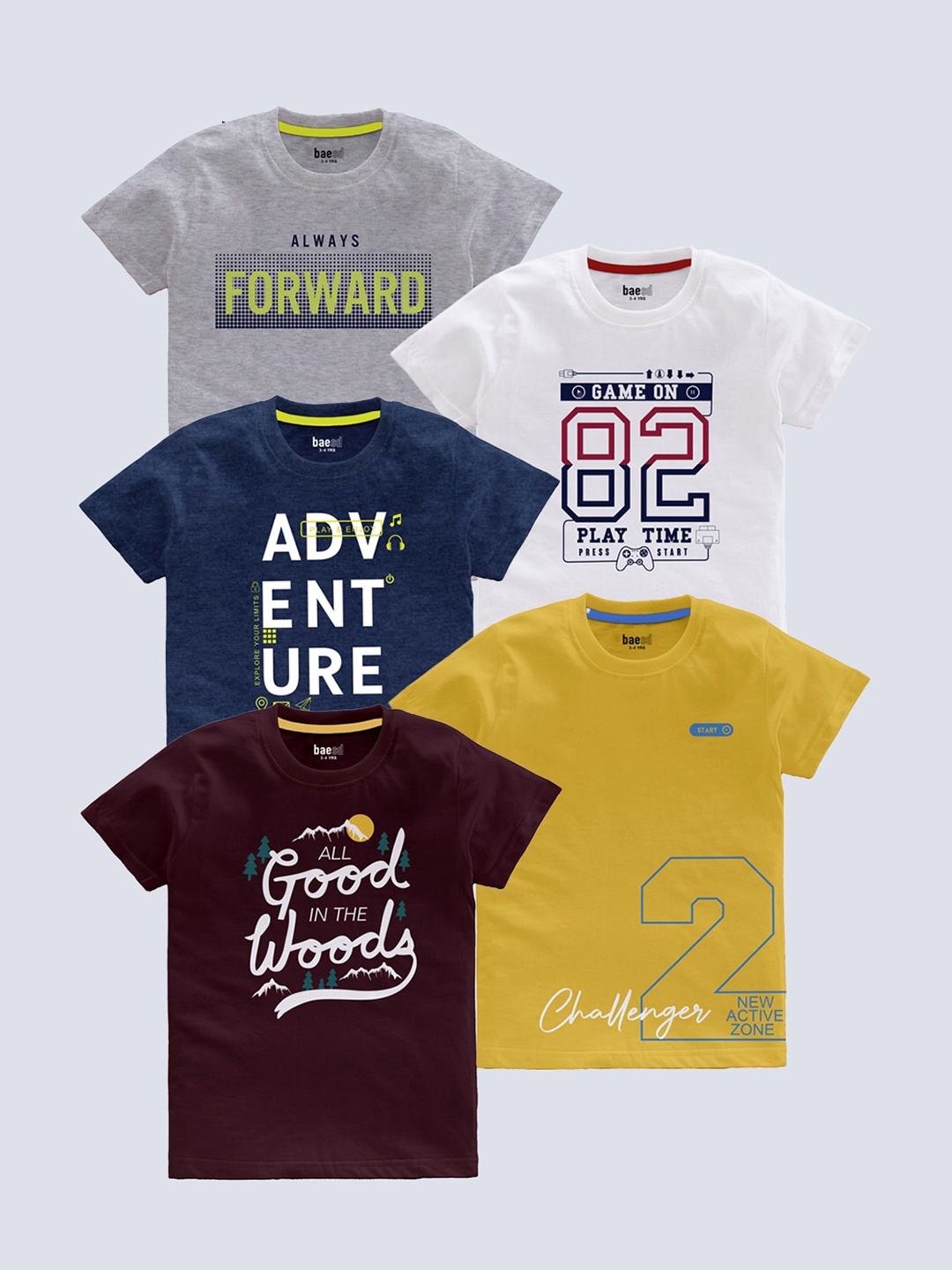 

BAESD Boys Pack Of 5 Typography Printed Cotton T-Shirt, Grey