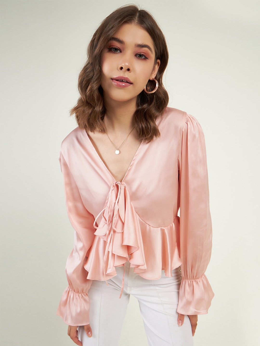 

JUNE & HARRY V-Neck Bell Sleeve Tie Up & Ruffled Satin Regular Top, Pink