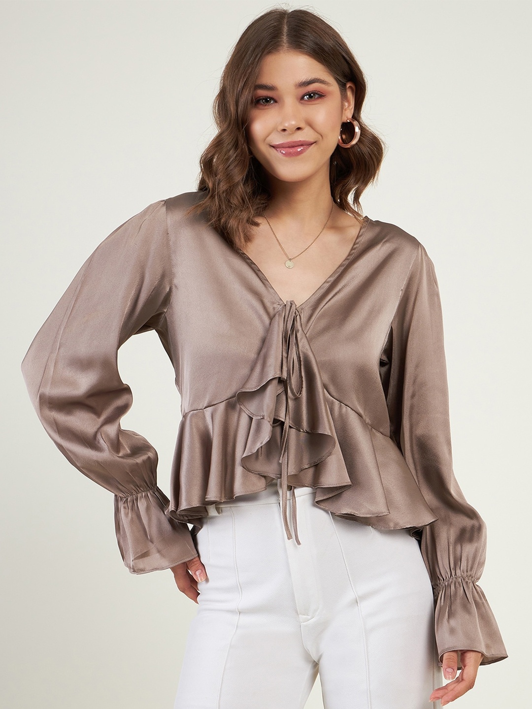 

JUNE & HARRY V-Neck Bell Sleeve Tie Up & Ruffled Satin Empire Top, Grey