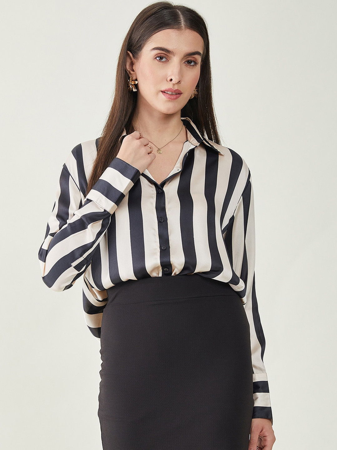 

JUNE & HARRY Relaxed Striped Satin Party Shirt, Black