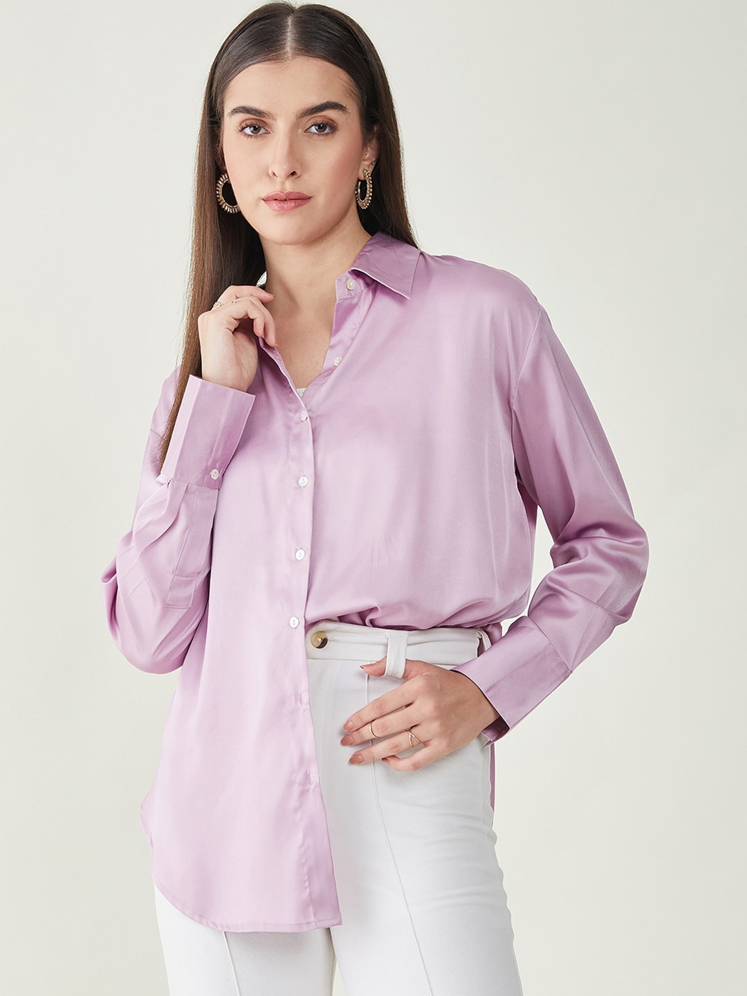 

JUNE & HARRY Relaxed Spread Collar Satin Casual Shirt, Lavender