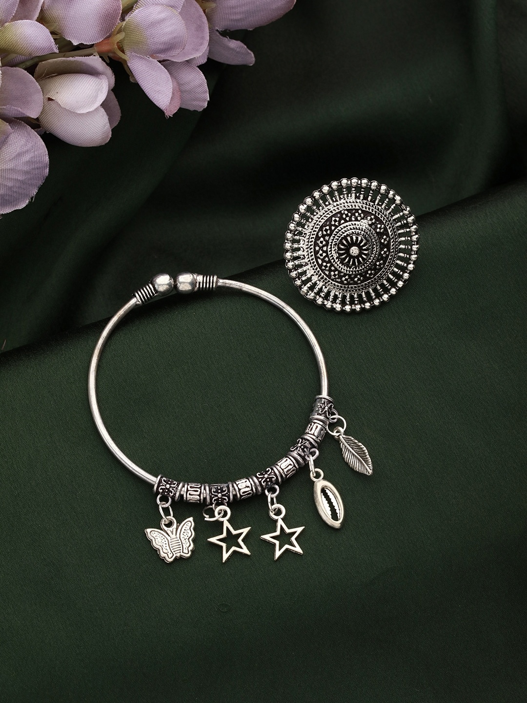 

Jazz and Sizzle German Silver Oxidised Silver-Plated Cuff Bracelet & Ring