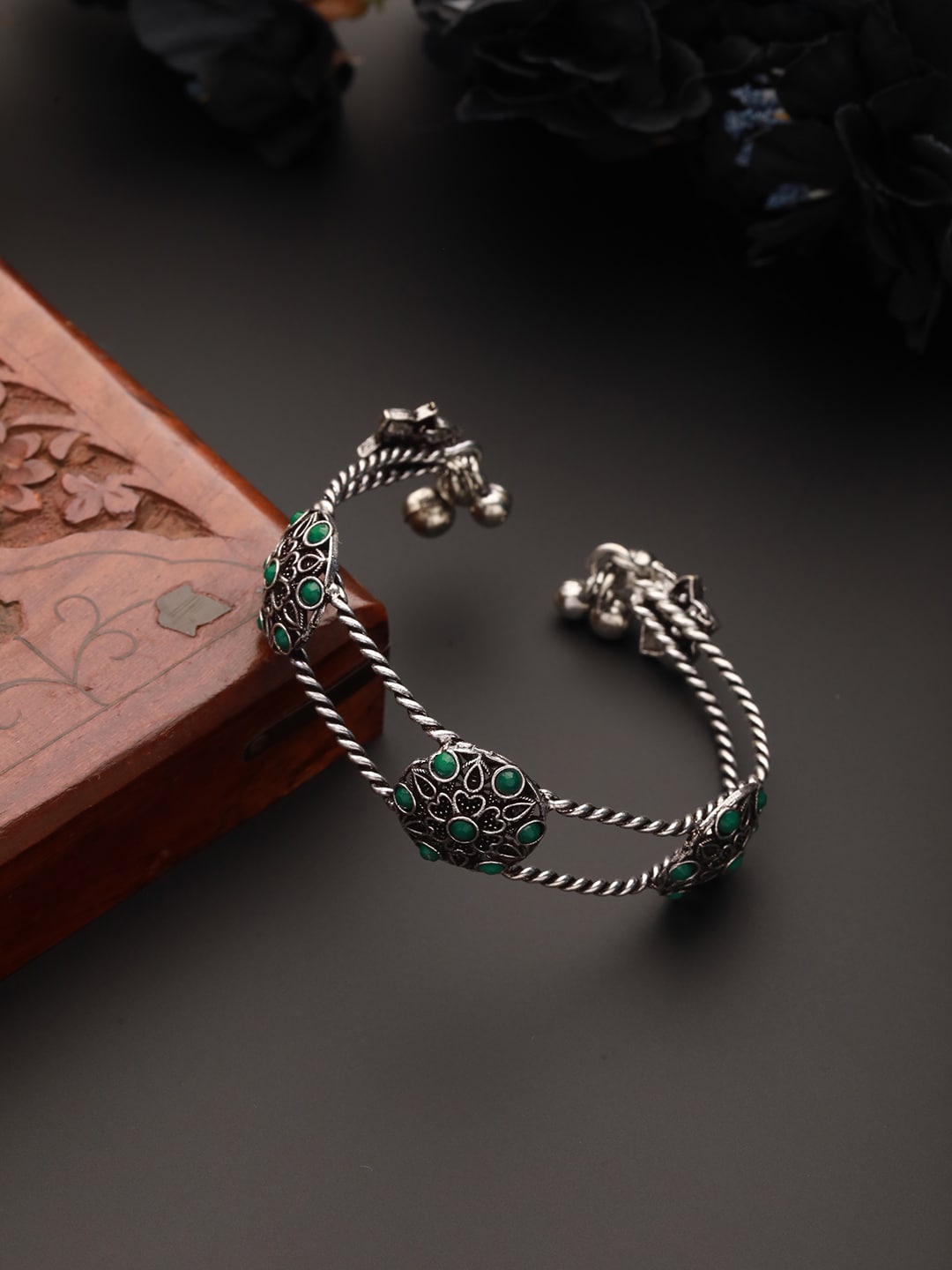 

Jazz and Sizzle Brass Silver-Plated Oxidised Cuff Bracelet