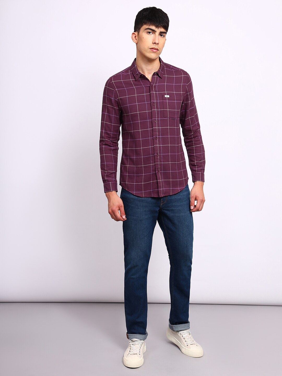 

Lee Slim Fit Windowpane Checks Twill Cotton Casual Shirt, Red