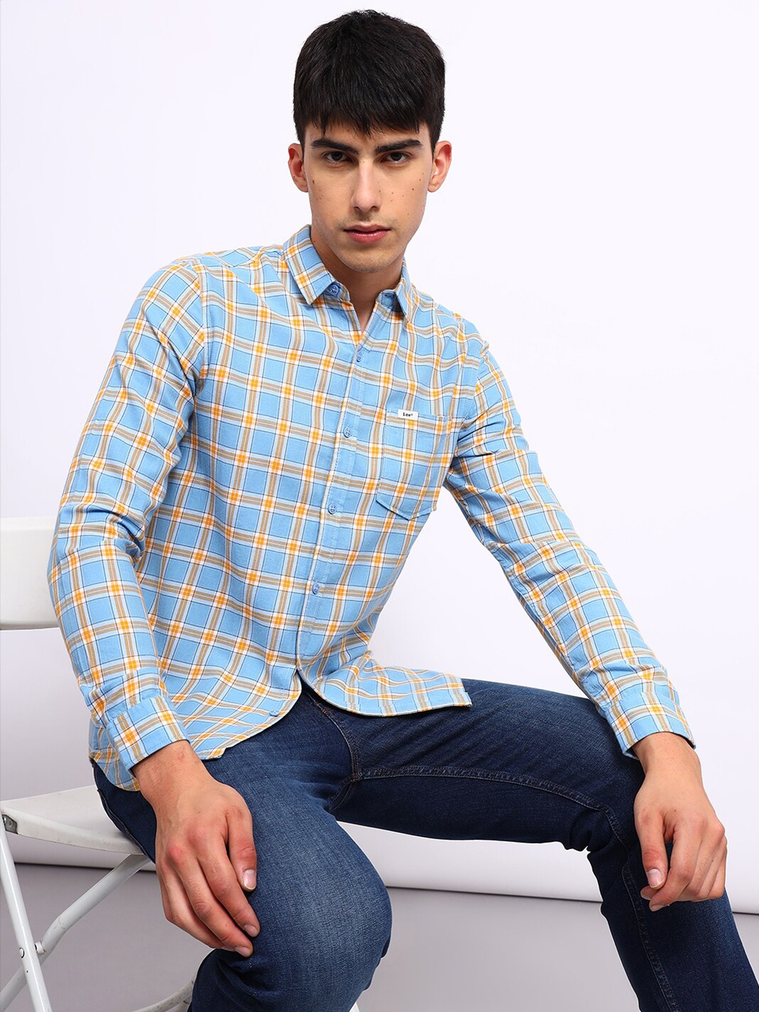 

Lee Slim Fit Checked Twill Cotton Casual Shirt, Blue