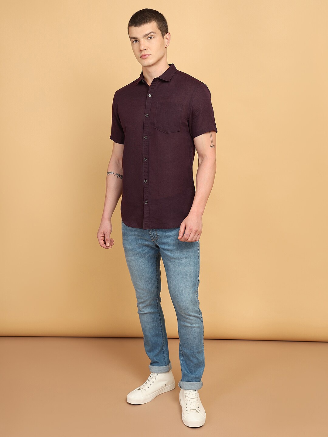 

Wrangler Spread Collar Short Sleeve Pocket Casual Shirt, Burgundy