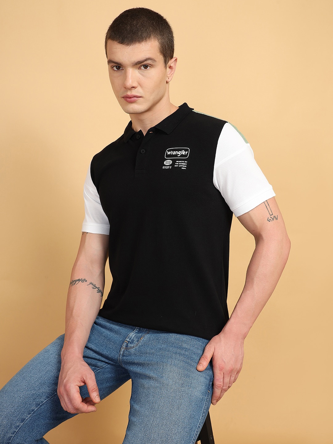 

Wrangler Colourblocked Polo Collar Cotton Casual T-shirt, Black