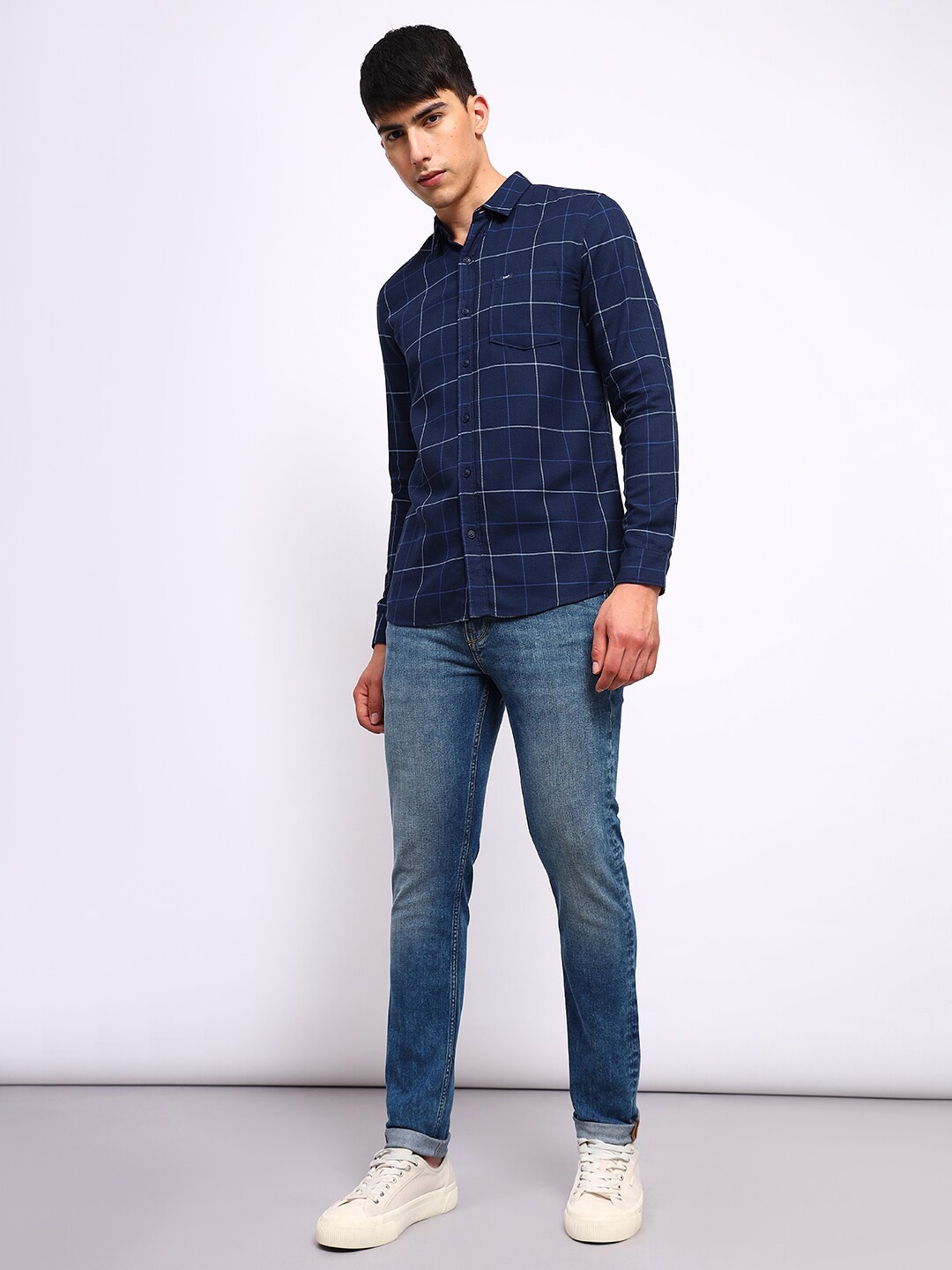 

Lee Checked Spread Collar Slim Fit Twill Cotton Casual Shirt, Blue