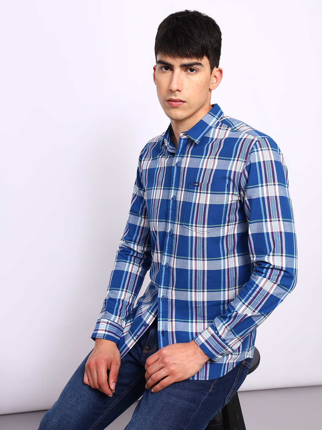 

Lee Slim Fit Tartan Checks Spread Collar Long Sleeve Pocket Cotton Casual Shirt, Blue