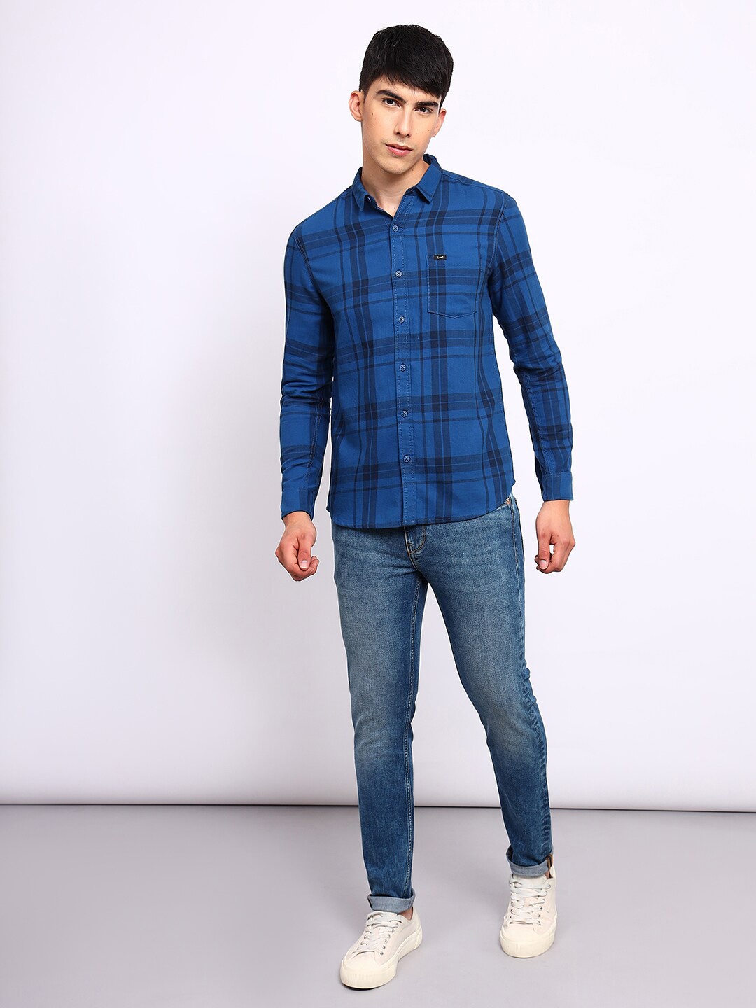 

Lee Slim Fit Checked Twill Cotton Casual Shirt, Blue