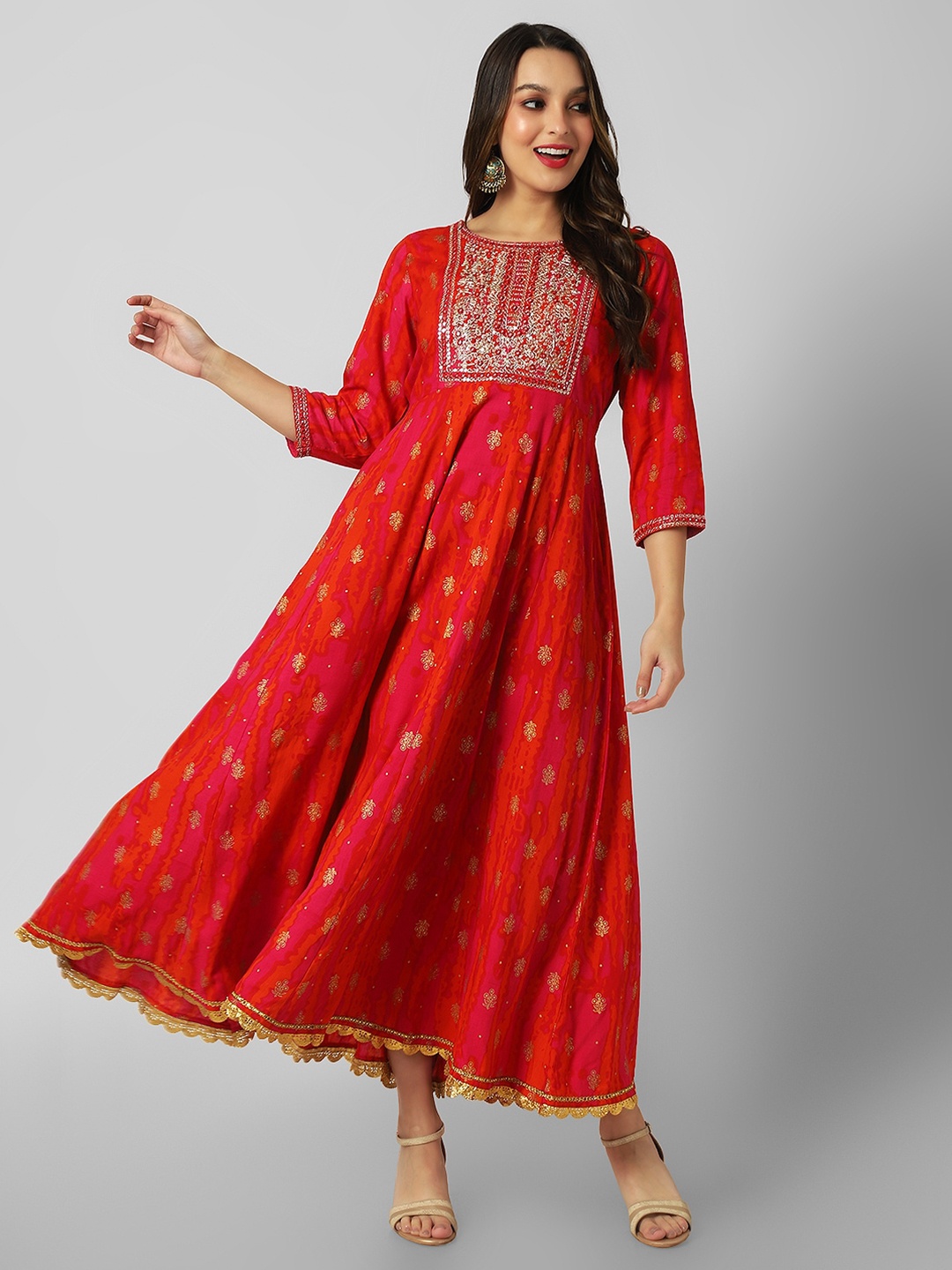 

ANNU PARIDHAN Embroidered Flared Ethnic Dress, Red