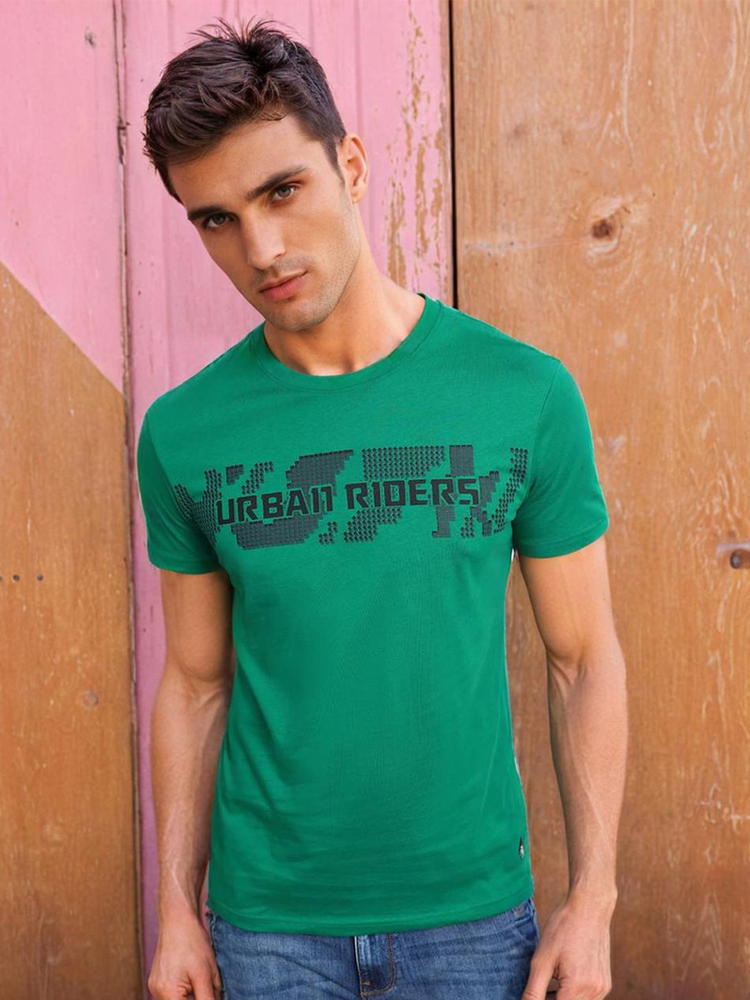 

Lee Typography Printed Round Neck Cotton Slim Fit T-shirt, Green