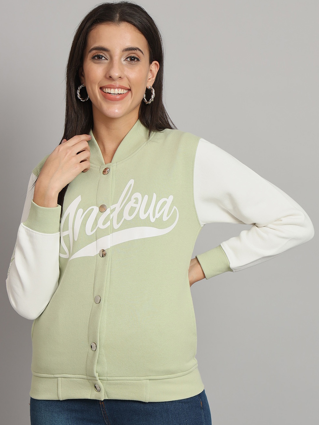 

ANTI CULTURE Typography Printed Fleece Windcheater Bomber Jacket, Sea green