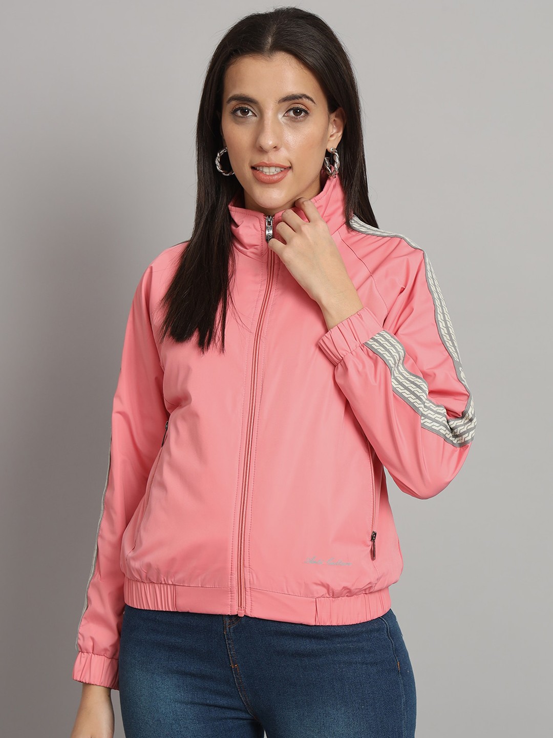

ANTI CULTURE Mock Collar Long Sleeves Windcheater Biker Jacket, Pink