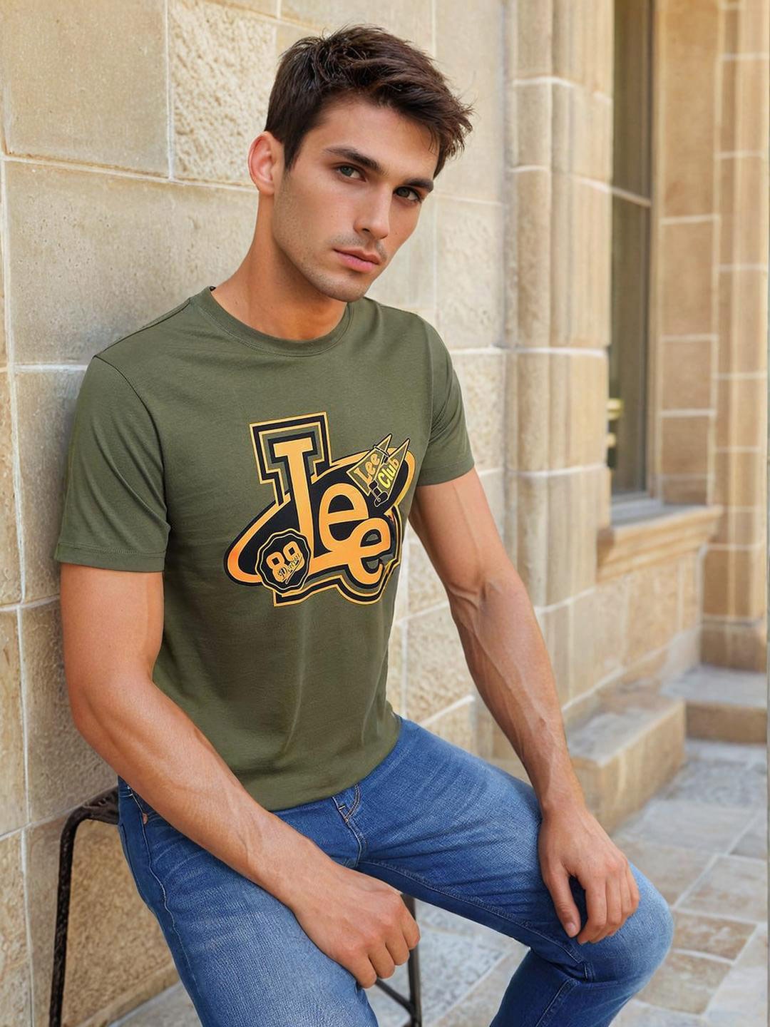 Lee Typography Printed Round Neck Slim Fit T-shirt, Green