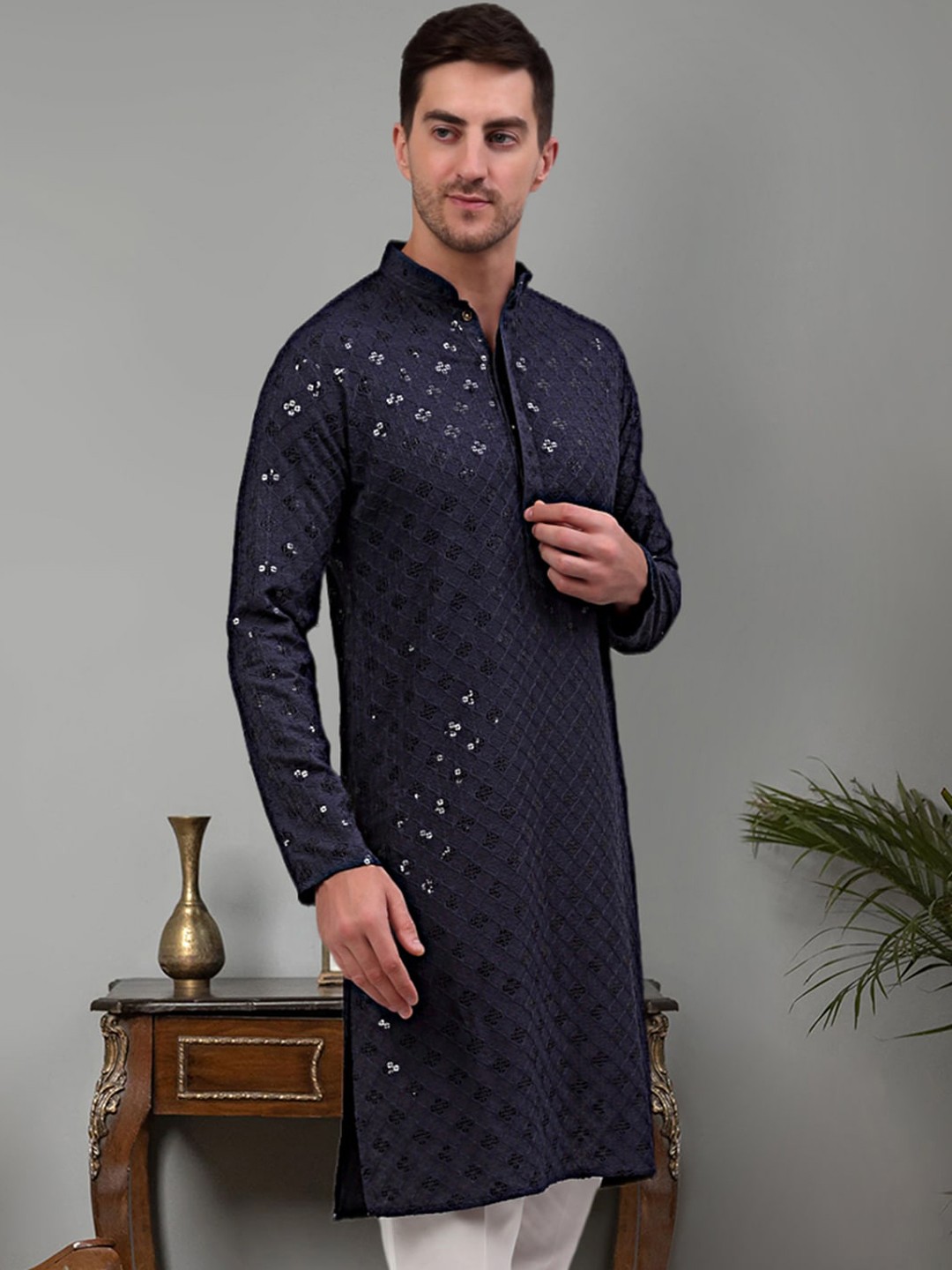 

Jompers Geometric Embroidered Sequinned Kurta, Grey