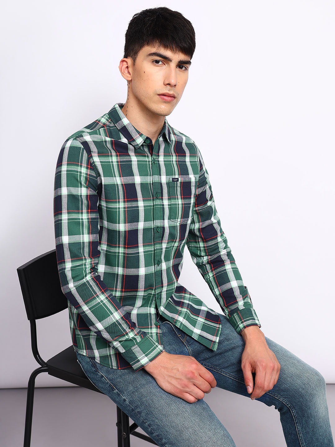 

Lee Slim Fit Tartan Checks Twill Cotton Casual Shirt, Green