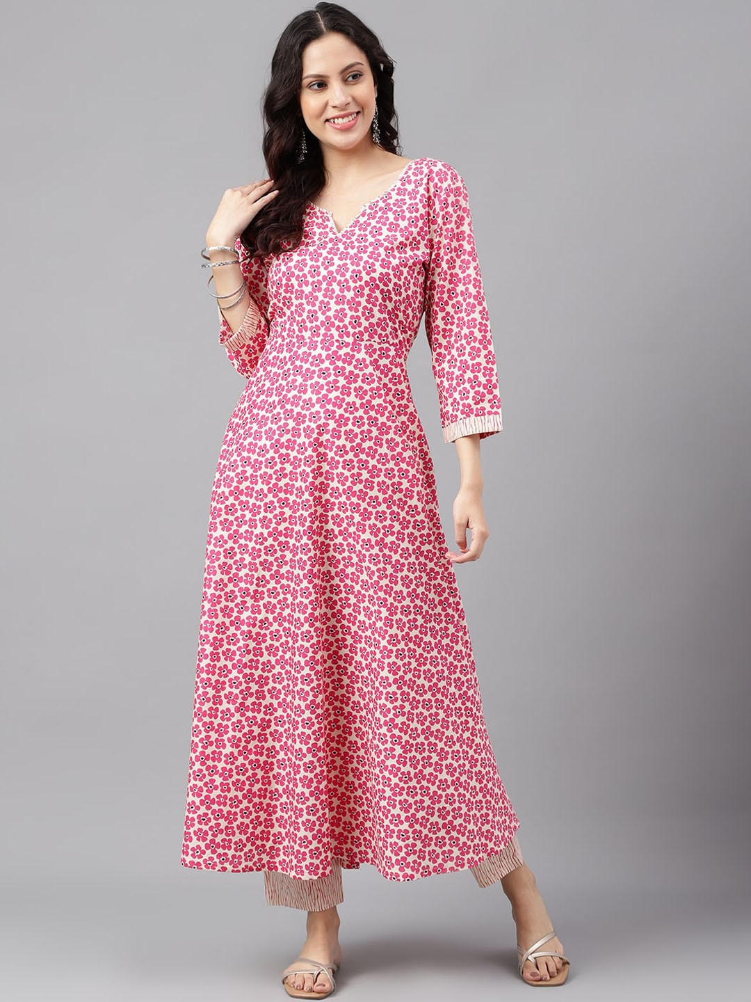 

KALINI Floral Printed Pure Cotton A-Line Kurta with Trousers, Pink