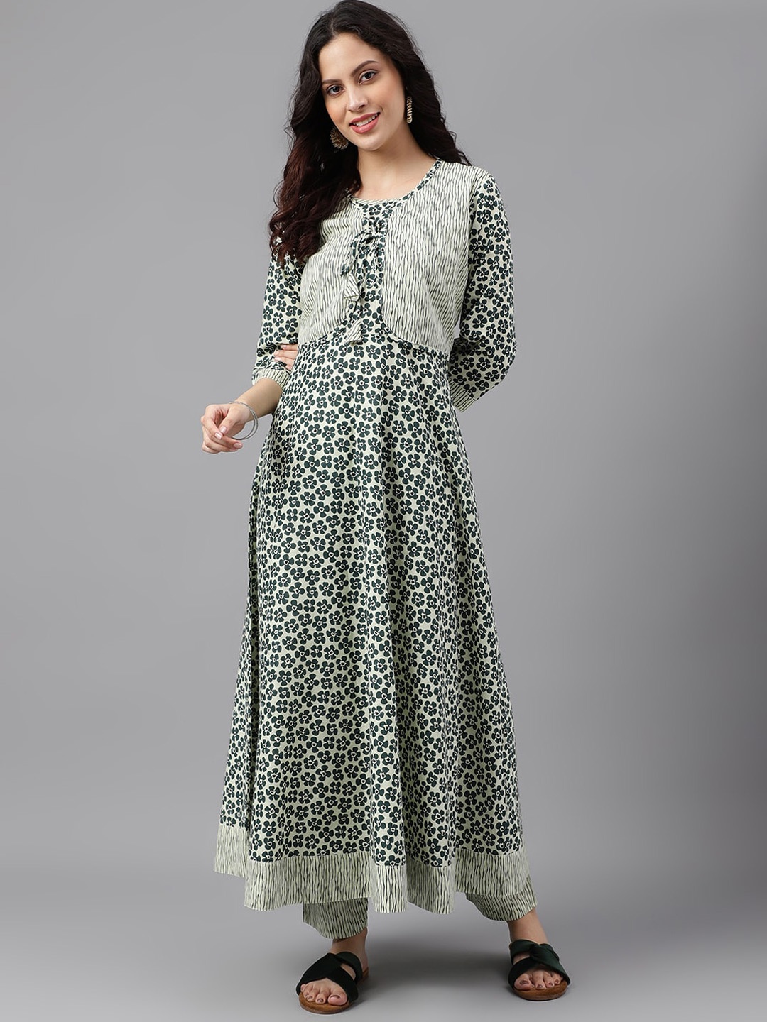 

KALINI Floral Printed Pure Cotton A-Line Kurta with Trousers, Green