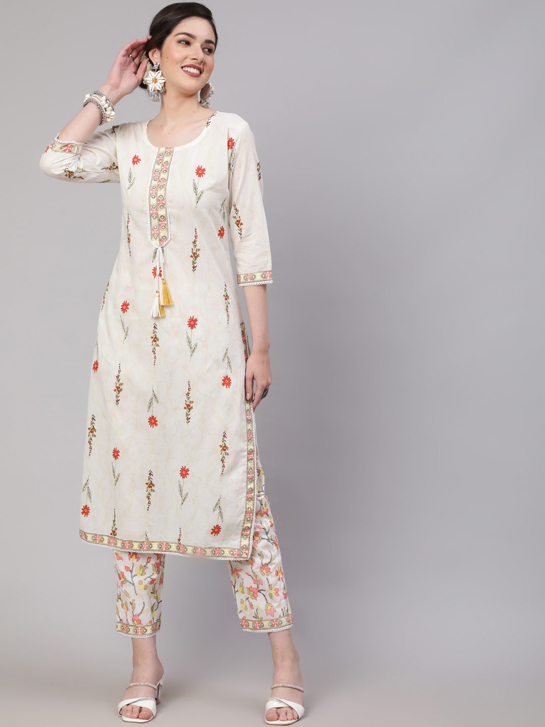 

KALINI Ethnic Motifs Printed Pure Cotton Straight Kurta with Trousers, Cream