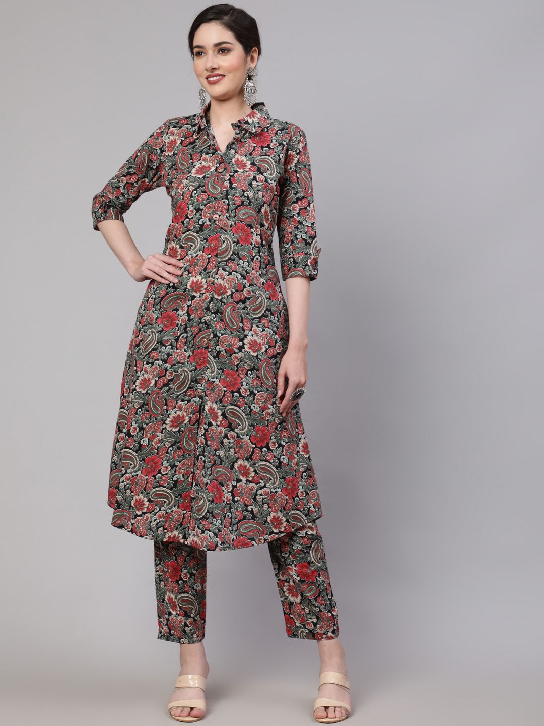 

KALINI Floral Printed Pure Cotton Kurta with Palazzos, Red