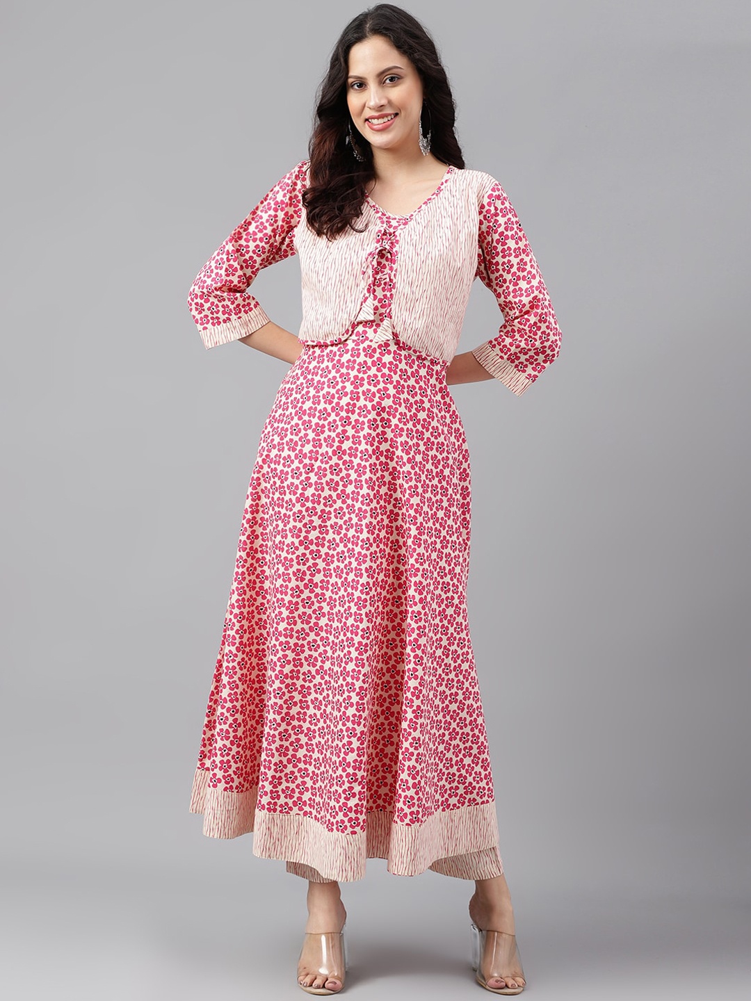 

KALINI Floral Printed Pure Cotton A-Line Kurta with Trousers, Pink