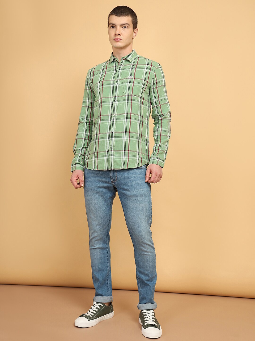 

Wrangler Tartan Checked Spread Collar Long Sleeve Pocket Cotton Casual Shirt, Green
