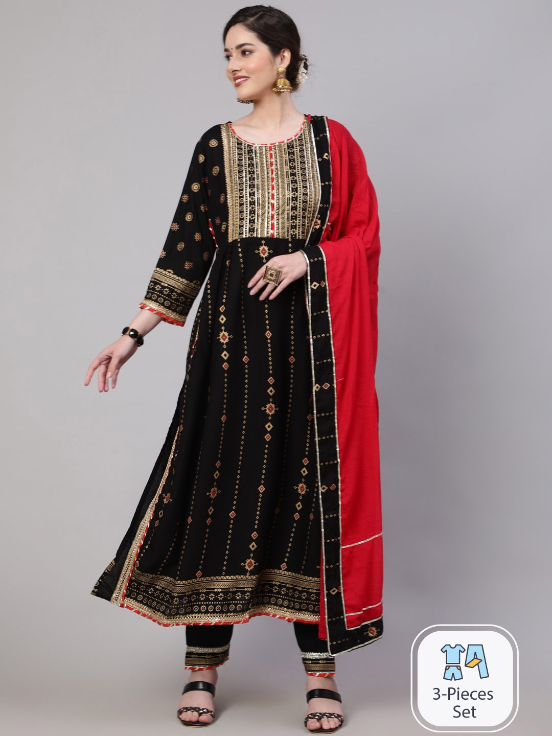 

KALINI Floral Printed Regular Gotta Patti Kurta with Trousers & Dupatta, Black