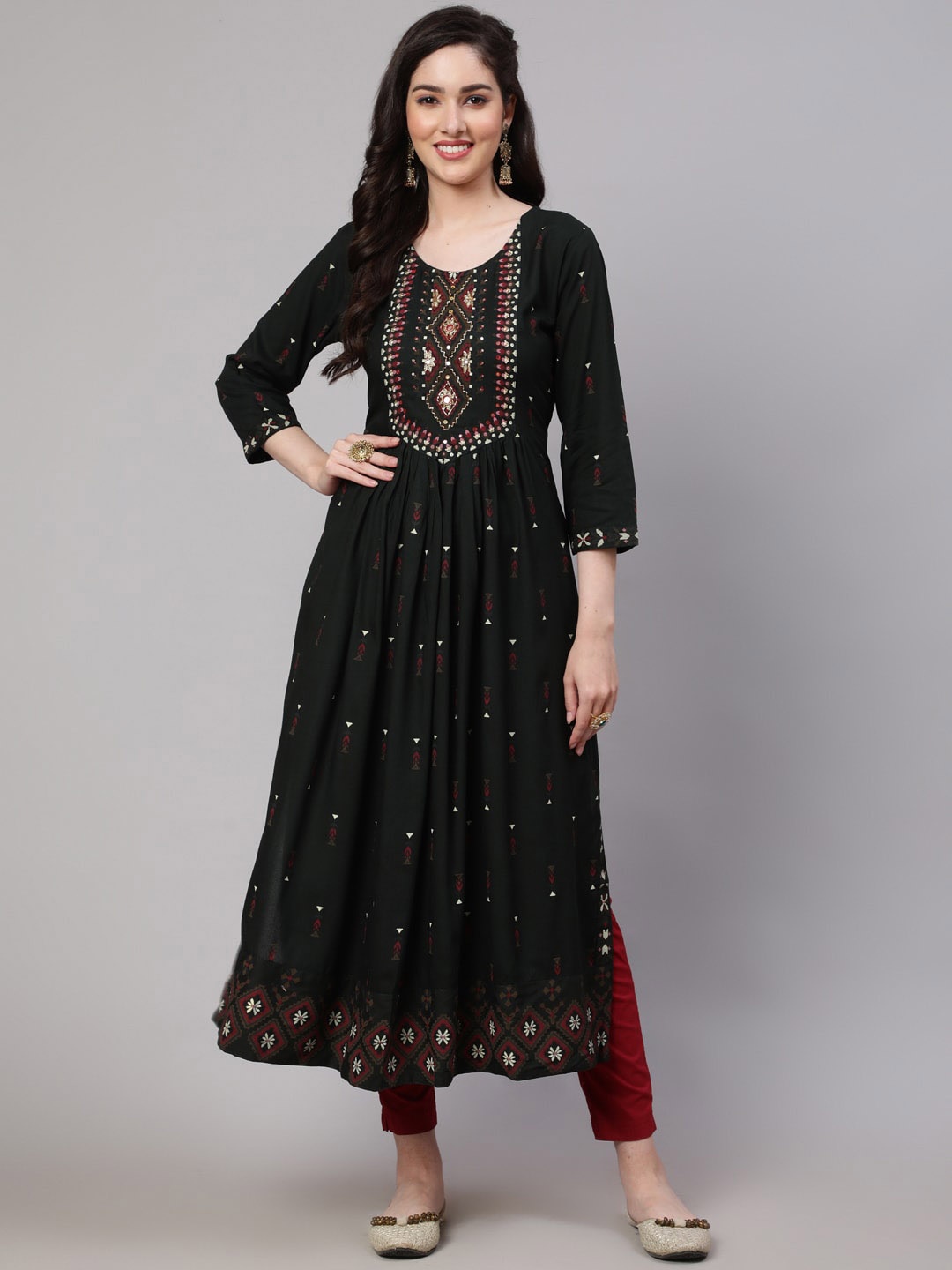 

KALINI Ethnic Motifs Printed Sequinned Anarkali Kurta, Green