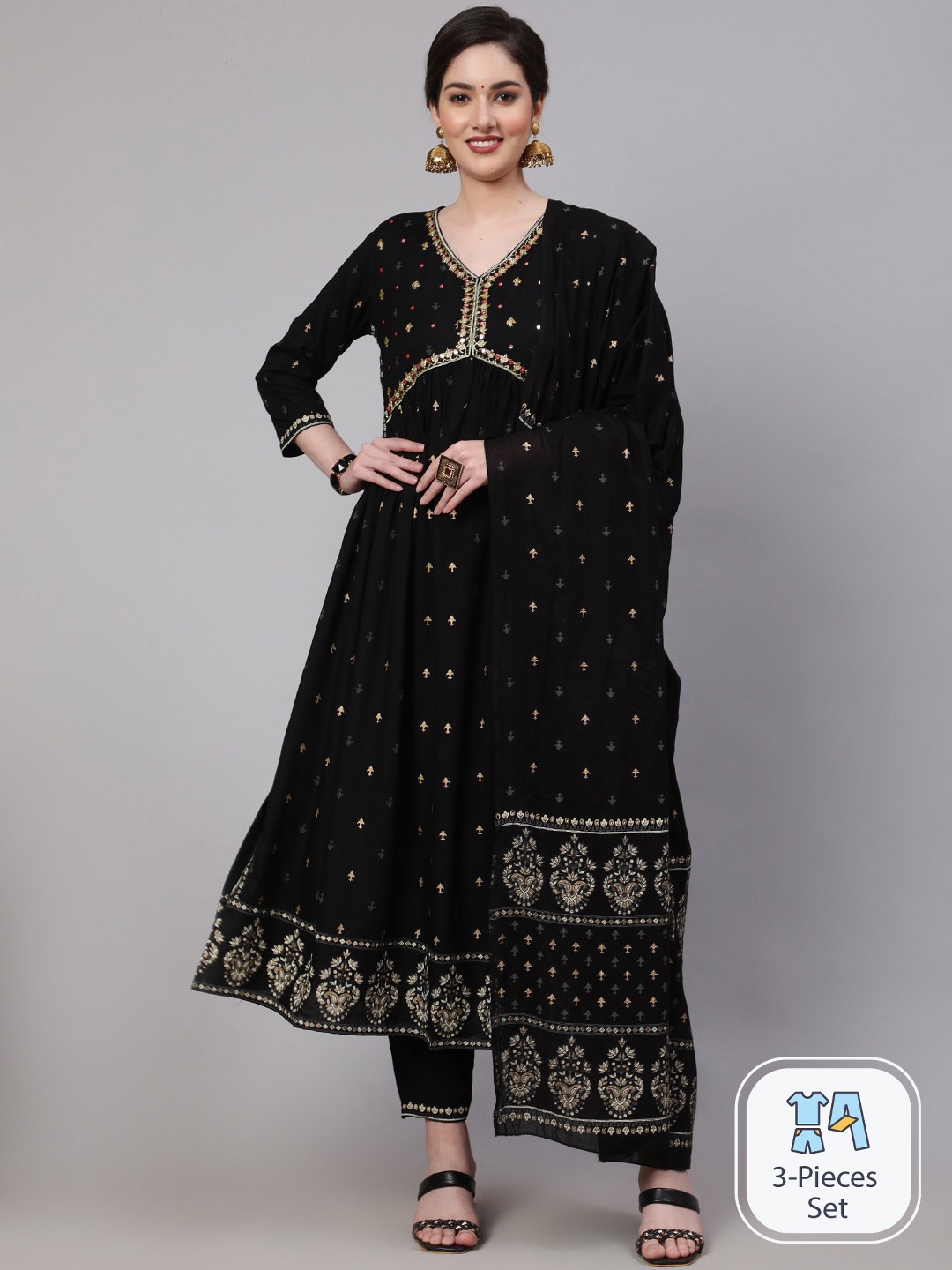 

KALINI Ethnic Motifs Embroidered Kurta With Trousers & Dupatta, Black