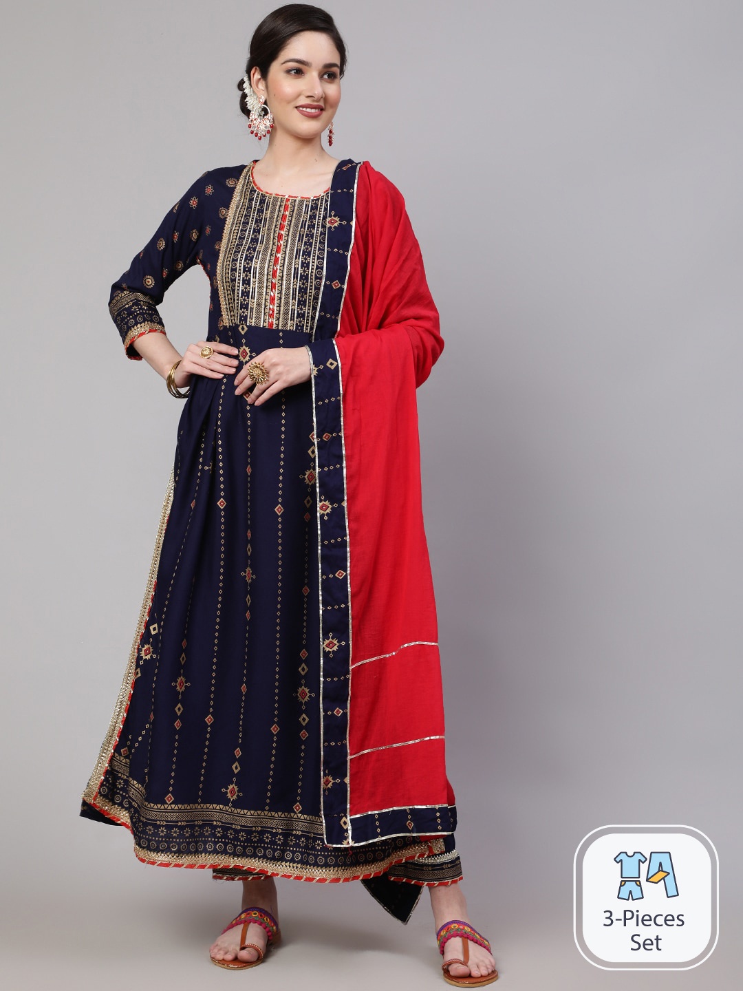 

KALINI Floral Printed Gotta Patti Kurta & Trousers With Dupatta, Blue