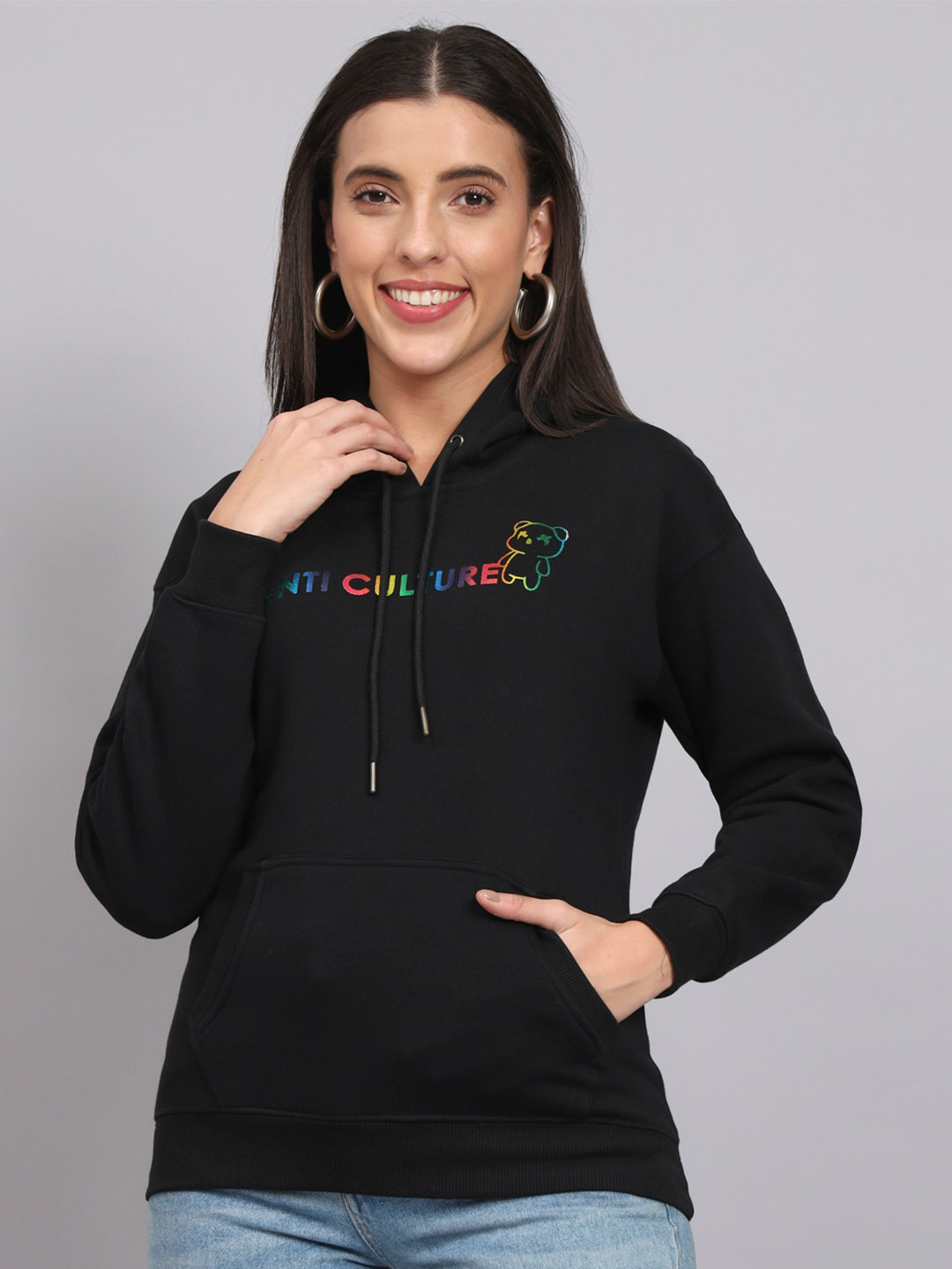 

ANTI CULTURE Typography Printed Hooded Fleece Sweatshirt, Black