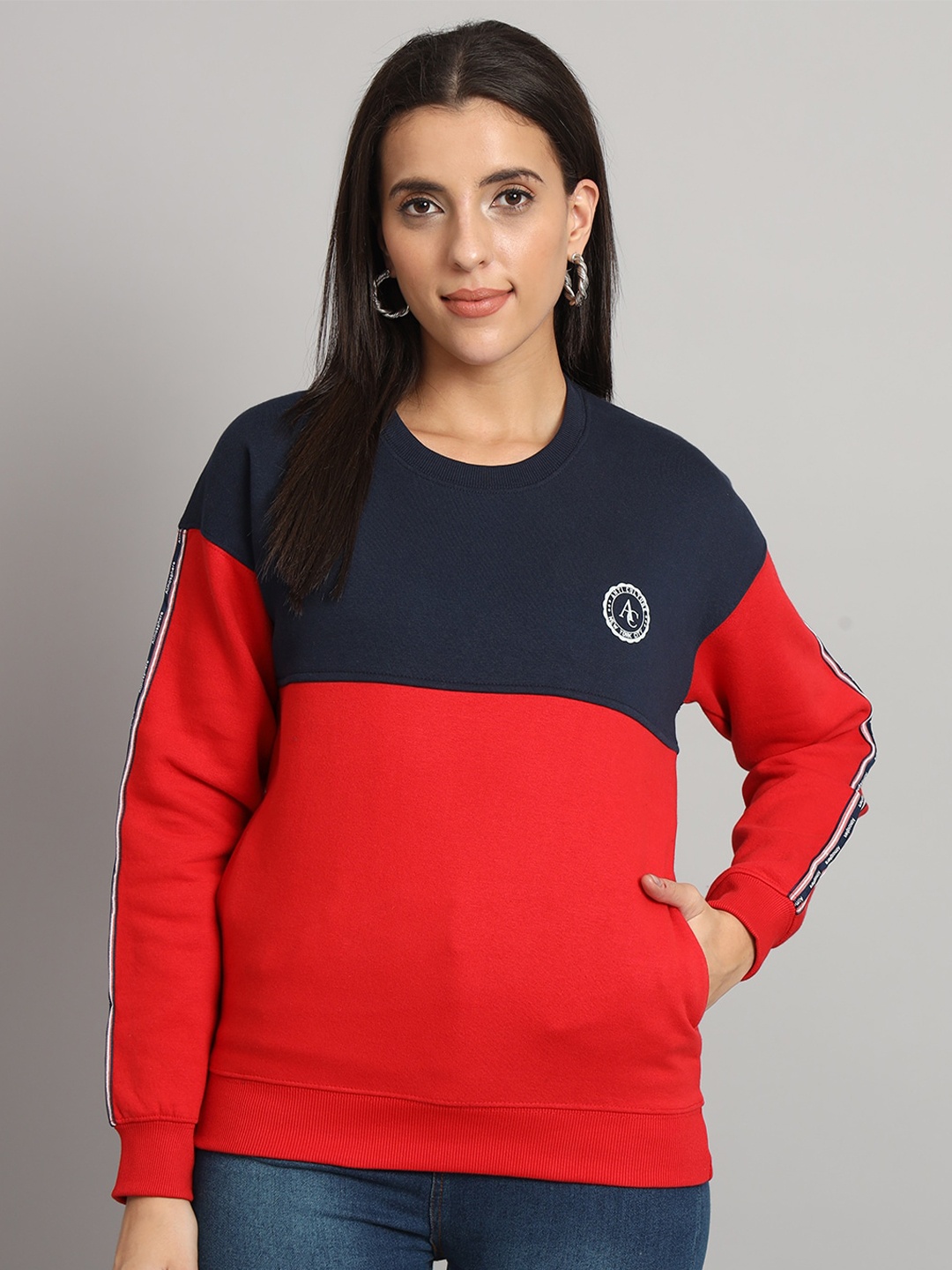 

ANTI CULTURE Colourblocked Round Neck Fleece Sweatshirt, Red