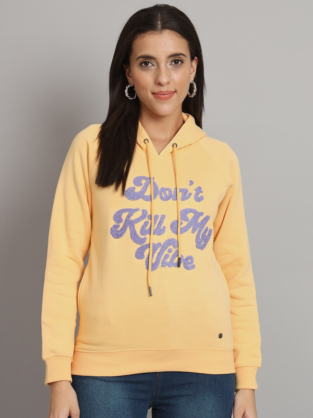 

ANTI CULTURE Typography Embroidered Hooded Fleece Sweatshirt, Yellow
