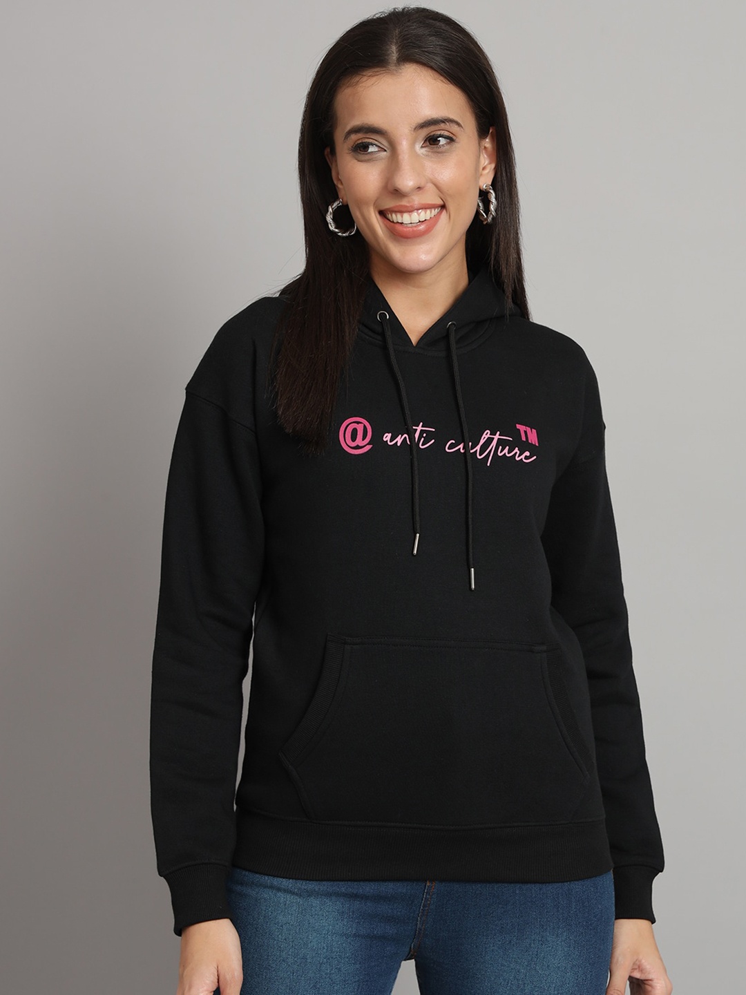 

ANTI CULTURE Typography Printed Hooded Fleece Sweatshirt, Black