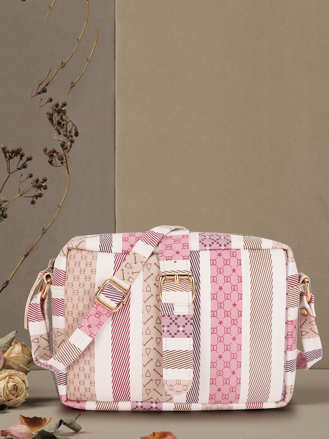 

WOMEN MARKS Striped Water Resistant Swagger Sling Bag, Peach