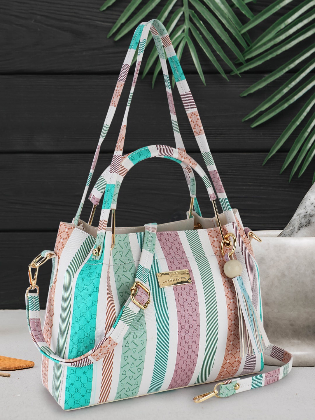 

WOMEN MARKS Set Of 2 Striped Shopper Handheld Bag And Sling Bag, Green