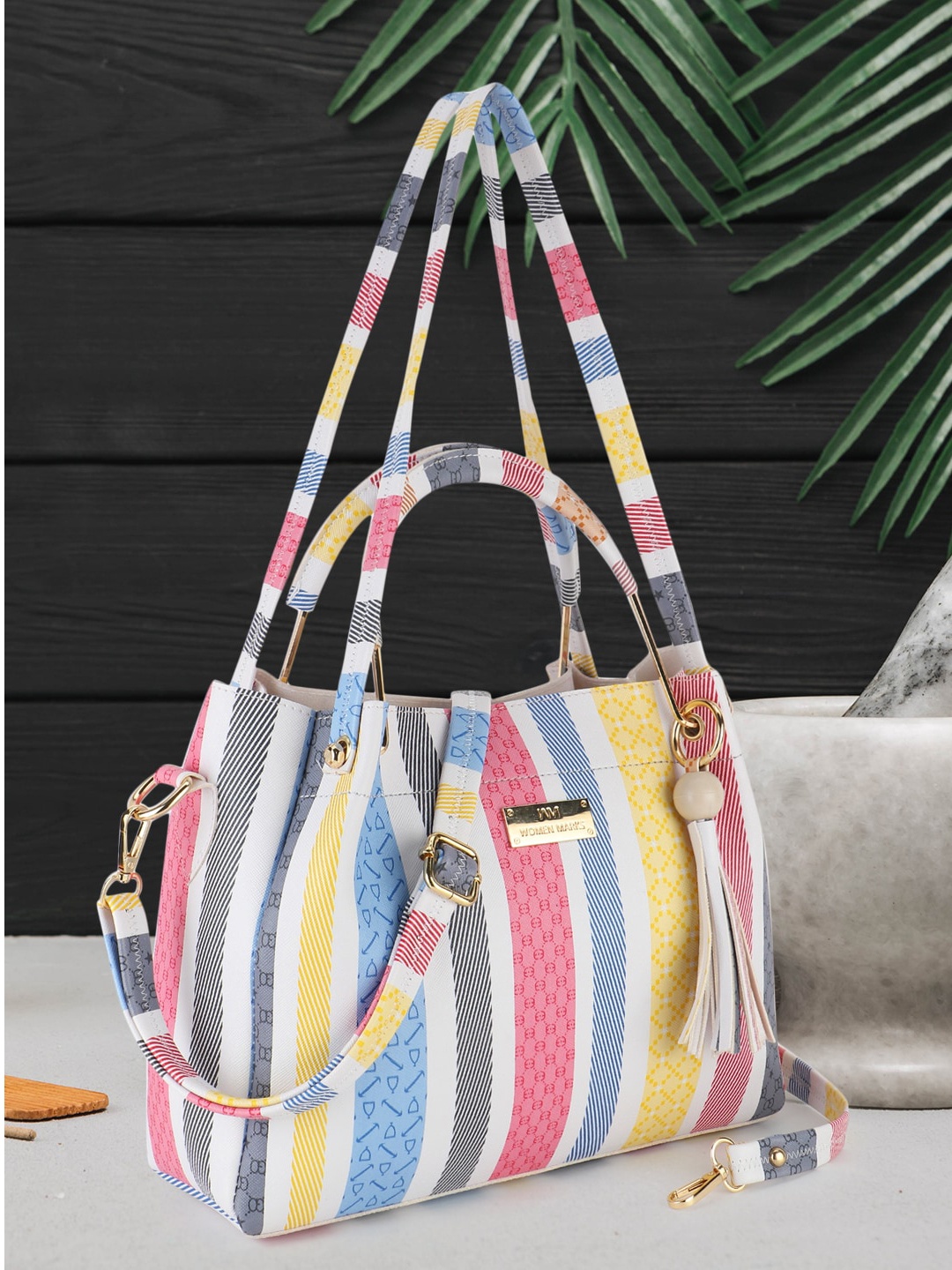 

WOMEN MARKS Striped Oversized Shopper Tote Bag With Tasselled, Yellow